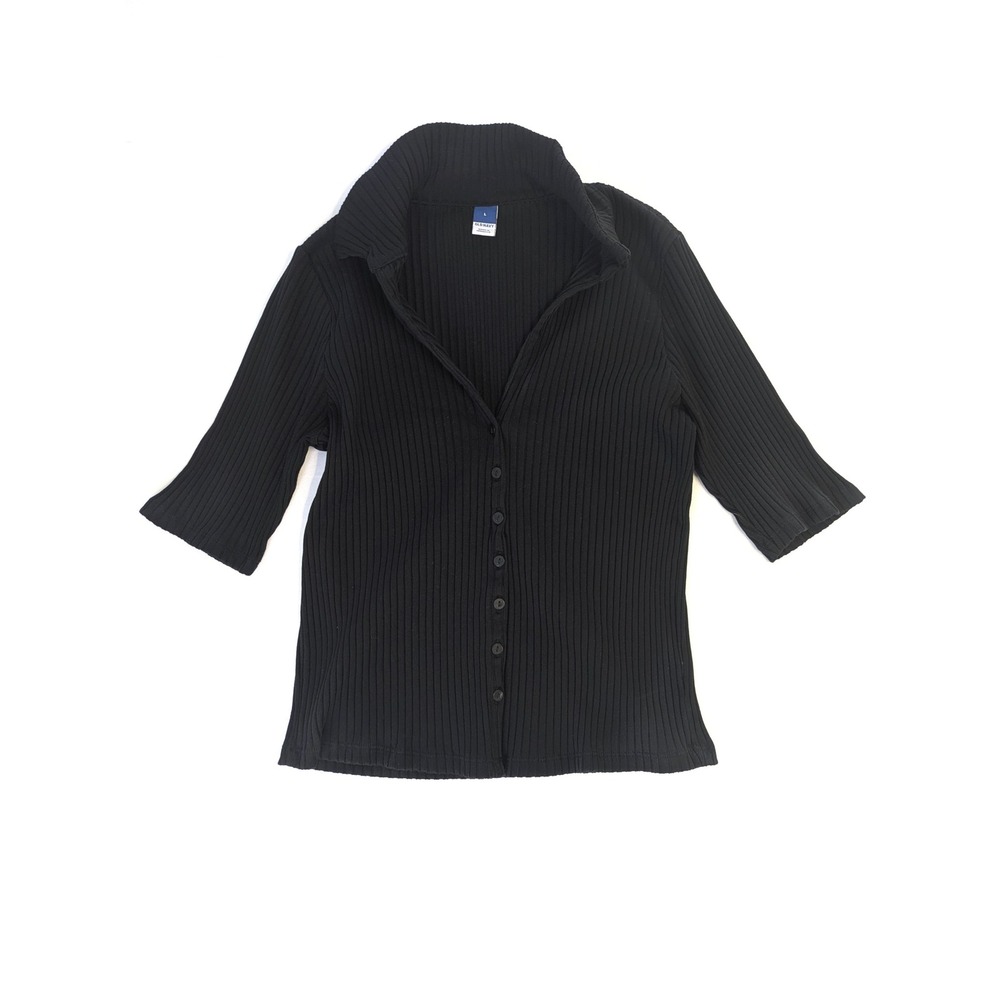 Old Navy Black Ribbed Knit Button Front Cardigan Top 3/4 Sleeve Collared Large